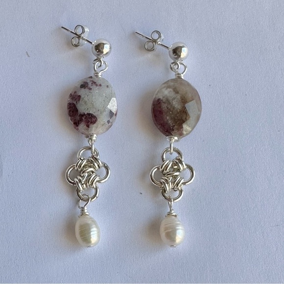 Pink Tourmaline and Pearl Sterling Silver Earring - Picture 1 of 2